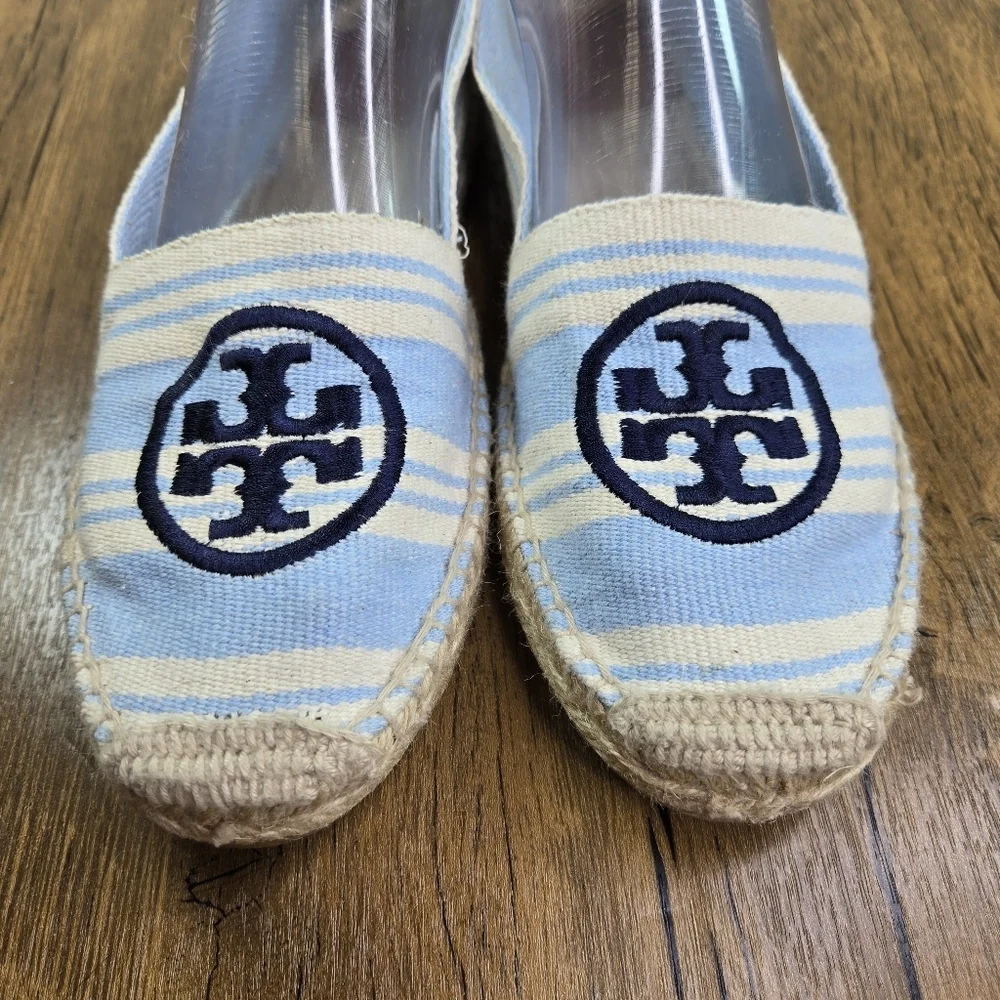 Tory Burch Striped Cream Blue Double T Espadrille Flats